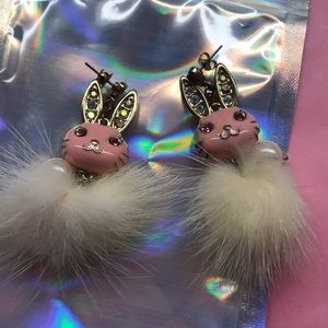 Pink snow bunny fluffy fur feather Pom Pom earrings Anna sui vintage dollbaby
